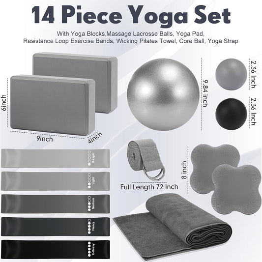 14 Pcs Yoga Kits for Home Workouts Pilates Equipment Set for Women Beginners, Hot Yoga Towel Blocks Strap, Knee Pad, Resistance Loop Exercise Band, Massage Lacrosse Ball, Pilates Ball