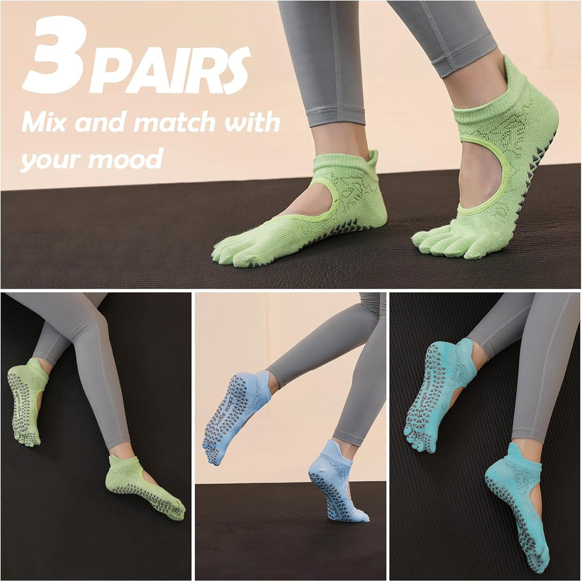 Women's Non-Slip Pilates Yoga Socks, 5-Toe Breathable Cotton Sports Socks, For Pregnant Women, 3 Pairs