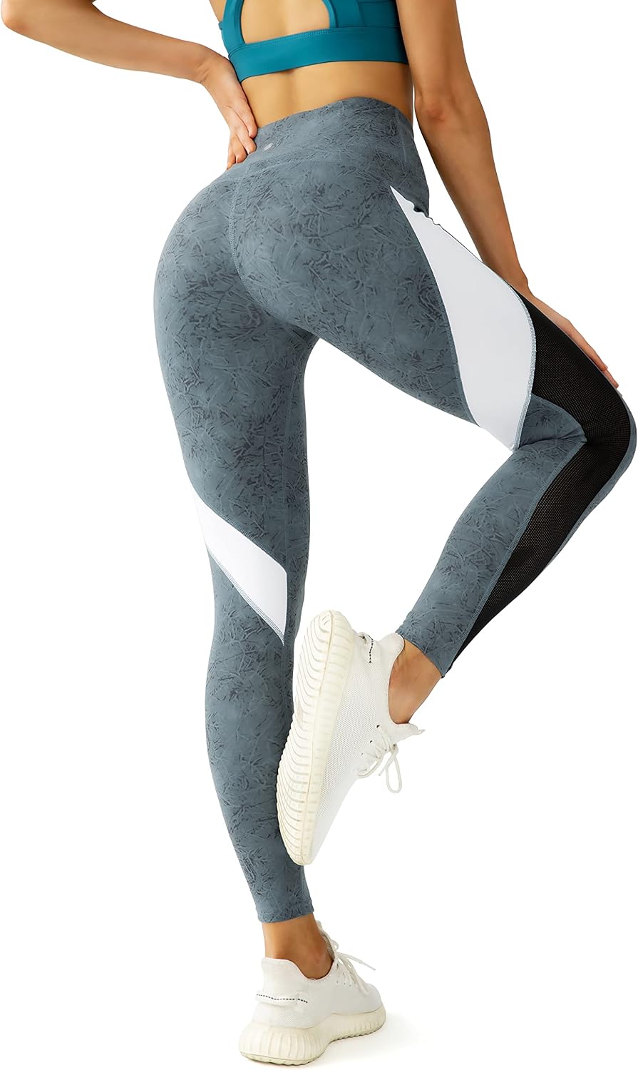 Women Yoga Pants Color Blocking Mesh Workout Running Leggings Tights