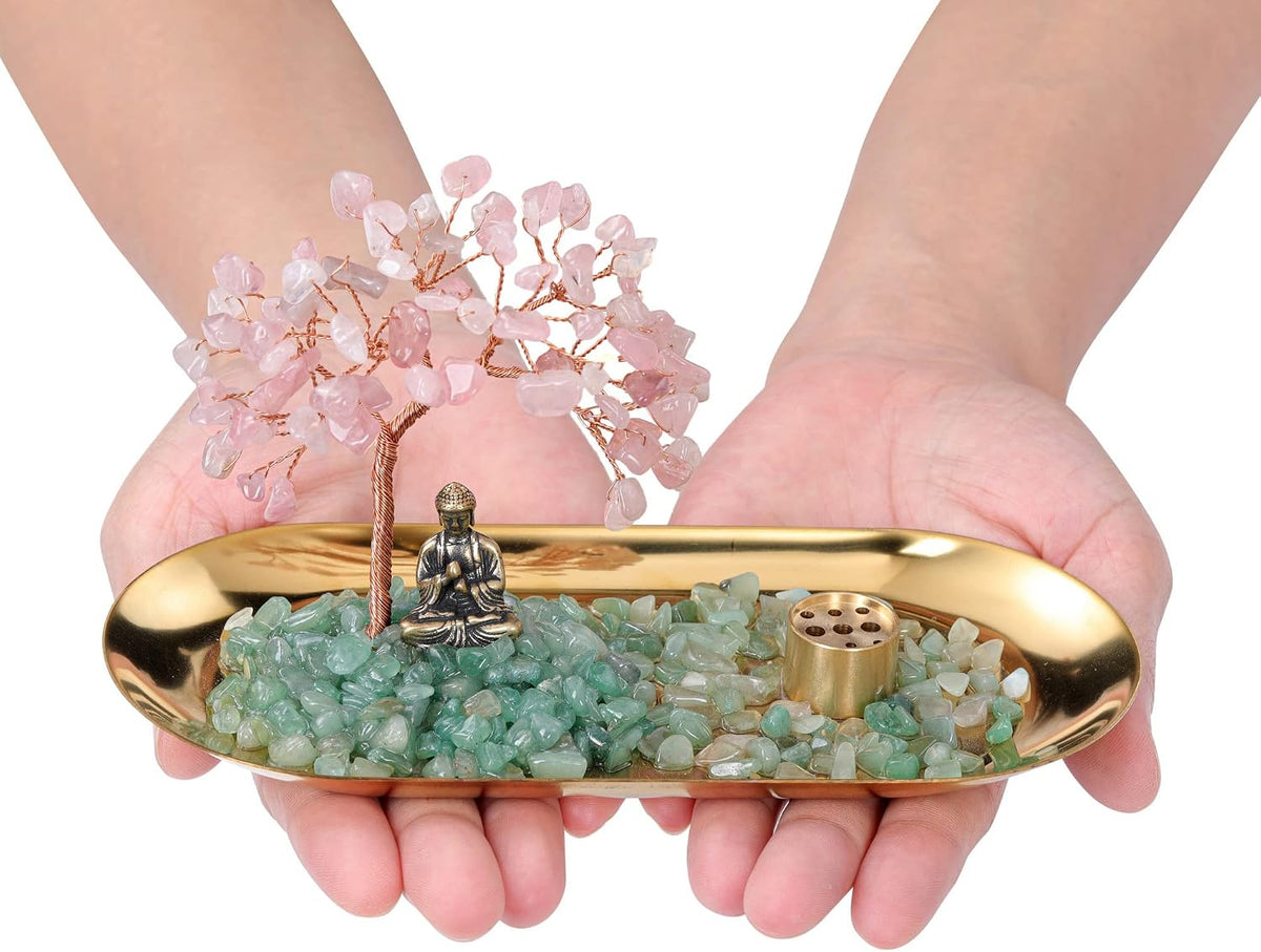 Crystal Incense Holder for Sticks, Healing Crystal Stone Money Tree Buddha Statue Set Incense Burner, Incense Trays for Wealth, Good Luck,Yoga Meditation Home Decor