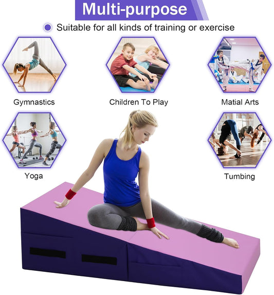 Gymnastics Mat 34”X24”X14” Incline Tumbling Mats for Home Gym, Folding Exercise Mat Cheese Wedge Mat with Non-Slip PVC Surface & Handles for Kid Adults Workout