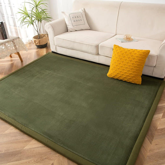 Coral Velvet Area Rug, Thick Japanese Tatami Mat Living Room Carpet with Non-Slip Backing, Large Solid Color Mat for Bedroom Dormitory Yoga, Olive Green, 59"x 78"