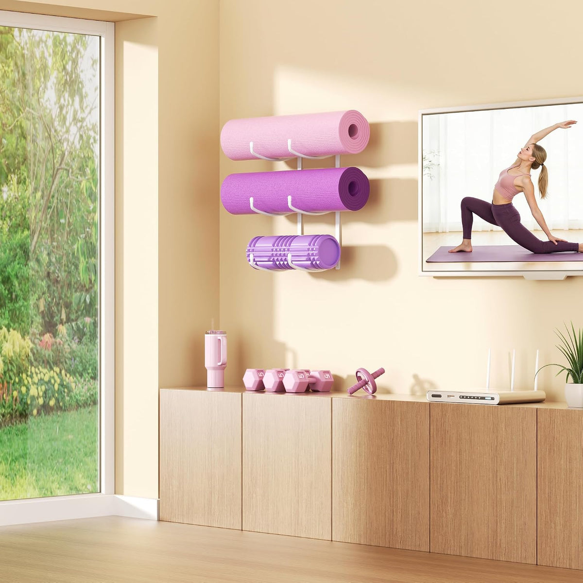 Yoga Mat Holder Wall Mount, 3-Tier Yoga Mat Storage Rack for Gym, Black