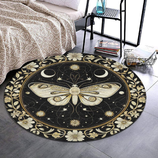 Large Home Decor Mat, Soft Round Yoga Carpet, Non Slip Machine Washable Home Office Circle Rug Gothic Witchy Sun Moon Mushroom Moth