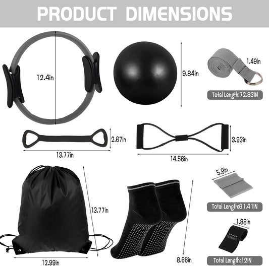 21 Pcs Pilates Ring Circle Set for Women, Includes Ball Yoga, Ring Stretching, Strap Bands, Non Slip Socks, Back Bags for Workout, Commonly Used for Yoga, Pilates, Stretching, Fitness(Black,Gray)