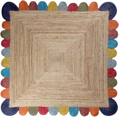 Scalloped Edge Kilim Rug 3' Square Rug Beige & Multicolor Cape Cod Design Carpet Thick 0.27 inches Hand Braided Jute Flatweave Indoor Outdoor Use Rugs for Bedroom, Kitche, Yoga Mat