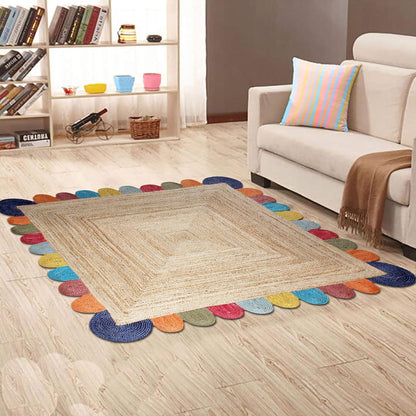 Scalloped Edge Kilim Rug 3' Square Rug Beige & Multicolor Cape Cod Design Carpet Thick 0.27 inches Hand Braided Jute Flatweave Indoor Outdoor Use Rugs for Bedroom, Kitche, Yoga Mat