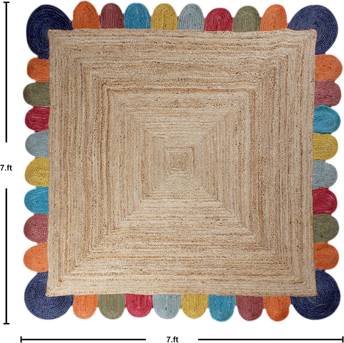 Scalloped Edge Kilim Rug 3' Square Rug Beige & Multicolor Cape Cod Design Carpet Thick 0.27 inches Hand Braided Jute Flatweave Indoor Outdoor Use Rugs for Bedroom, Kitche, Yoga Mat