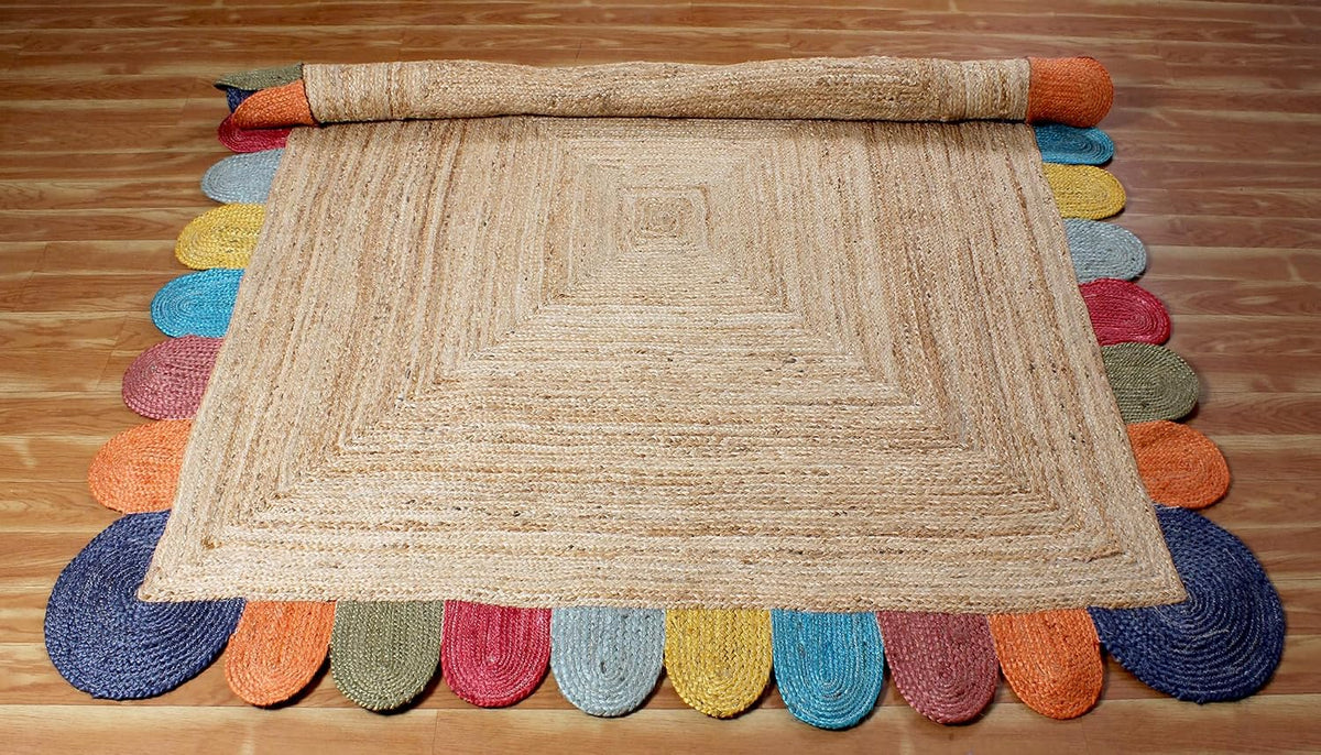 Scalloped Edge Kilim Rug 3' Square Rug Beige & Multicolor Cape Cod Design Carpet Thick 0.27 inches Hand Braided Jute Flatweave Indoor Outdoor Use Rugs for Bedroom, Kitche, Yoga Mat