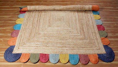 Scalloped Edge Kilim Rug 3' Square Rug Beige & Multicolor Cape Cod Design Carpet Thick 0.27 inches Hand Braided Jute Flatweave Indoor Outdoor Use Rugs for Bedroom, Kitche, Yoga Mat