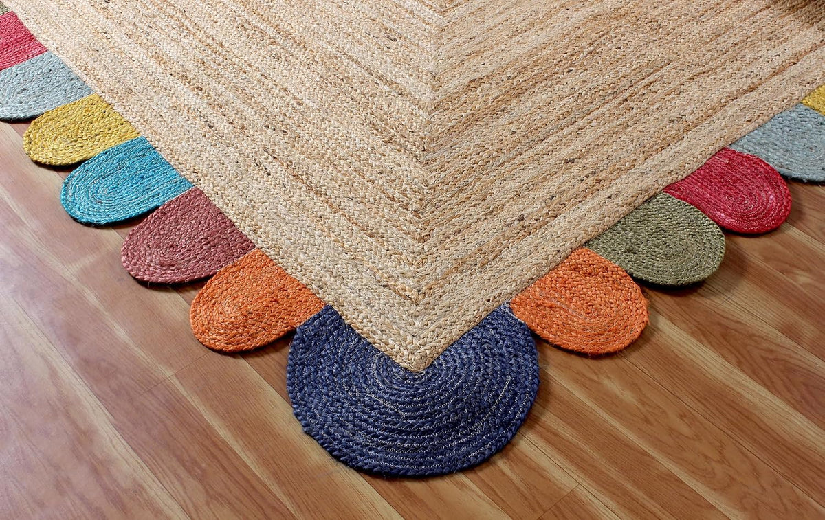 Scalloped Edge Kilim Rug 3' Square Rug Beige & Multicolor Cape Cod Design Carpet Thick 0.27 inches Hand Braided Jute Flatweave Indoor Outdoor Use Rugs for Bedroom, Kitche, Yoga Mat