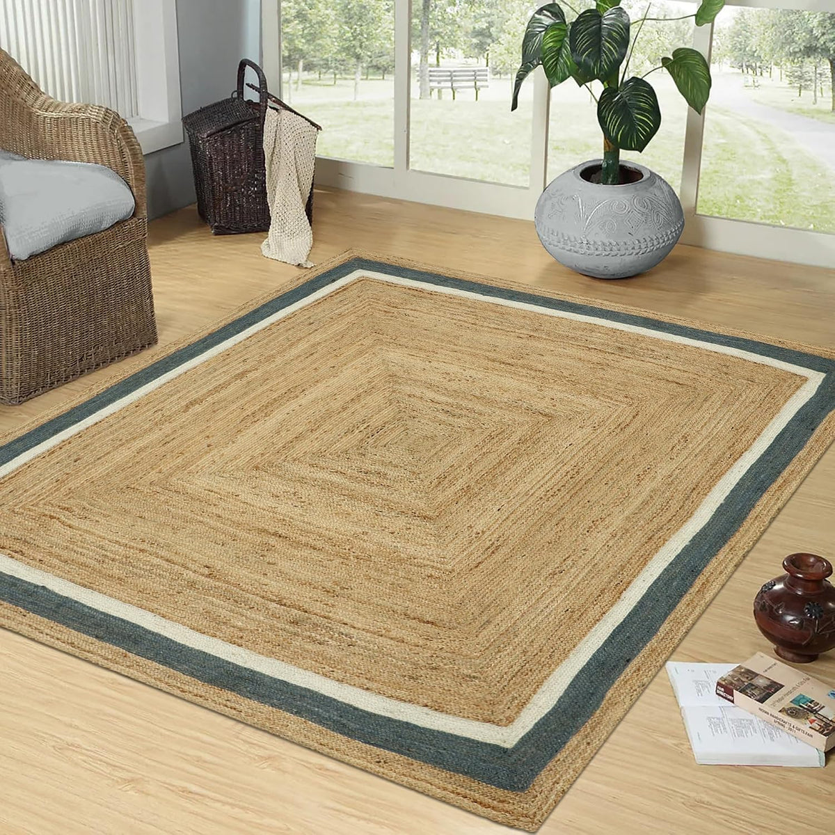 Scalloped Edge Kilim Rug 3' Square Rug Beige & Multicolor Cape Cod Design Carpet Thick 0.27 inches Hand Braided Jute Flatweave Indoor Outdoor Use Rugs for Bedroom, Kitche, Yoga Mat
