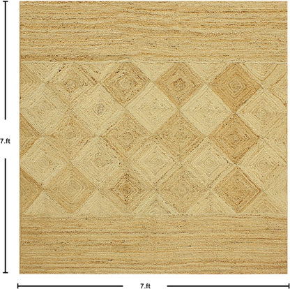 Scalloped Edge Kilim Rug 3' Square Rug Beige & Multicolor Cape Cod Design Carpet Thick 0.27 inches Hand Braided Jute Flatweave Indoor Outdoor Use Rugs for Bedroom, Kitche, Yoga Mat