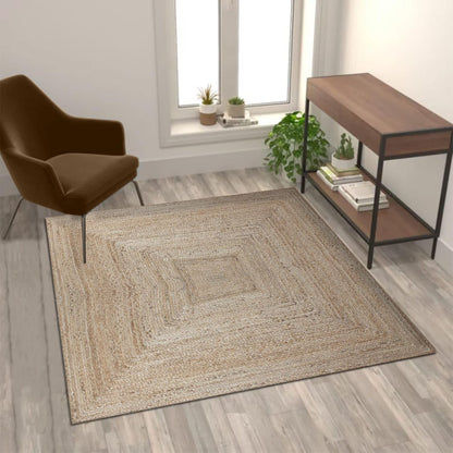 Scalloped Edge Kilim Rug 3' Square Rug Beige & Multicolor Cape Cod Design Carpet Thick 0.27 inches Hand Braided Jute Flatweave Indoor Outdoor Use Rugs for Bedroom, Kitche, Yoga Mat