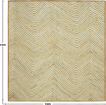 Scalloped Edge Kilim Rug 3' Square Rug Beige & Multicolor Cape Cod Design Carpet Thick 0.27 inches Hand Braided Jute Flatweave Indoor Outdoor Use Rugs for Bedroom, Kitche, Yoga Mat
