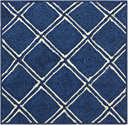 Scalloped Edge Kilim Rug 3' Square Rug Beige & Multicolor Cape Cod Design Carpet Thick 0.27 inches Hand Braided Jute Flatweave Indoor Outdoor Use Rugs for Bedroom, Kitche, Yoga Mat