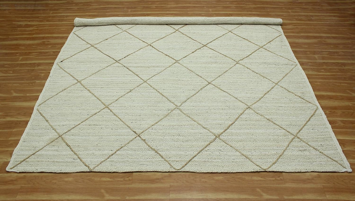Scalloped Edge Kilim Rug 3' Square Rug Beige & Multicolor Cape Cod Design Carpet Thick 0.27 inches Hand Braided Jute Flatweave Indoor Outdoor Use Rugs for Bedroom, Kitche, Yoga Mat