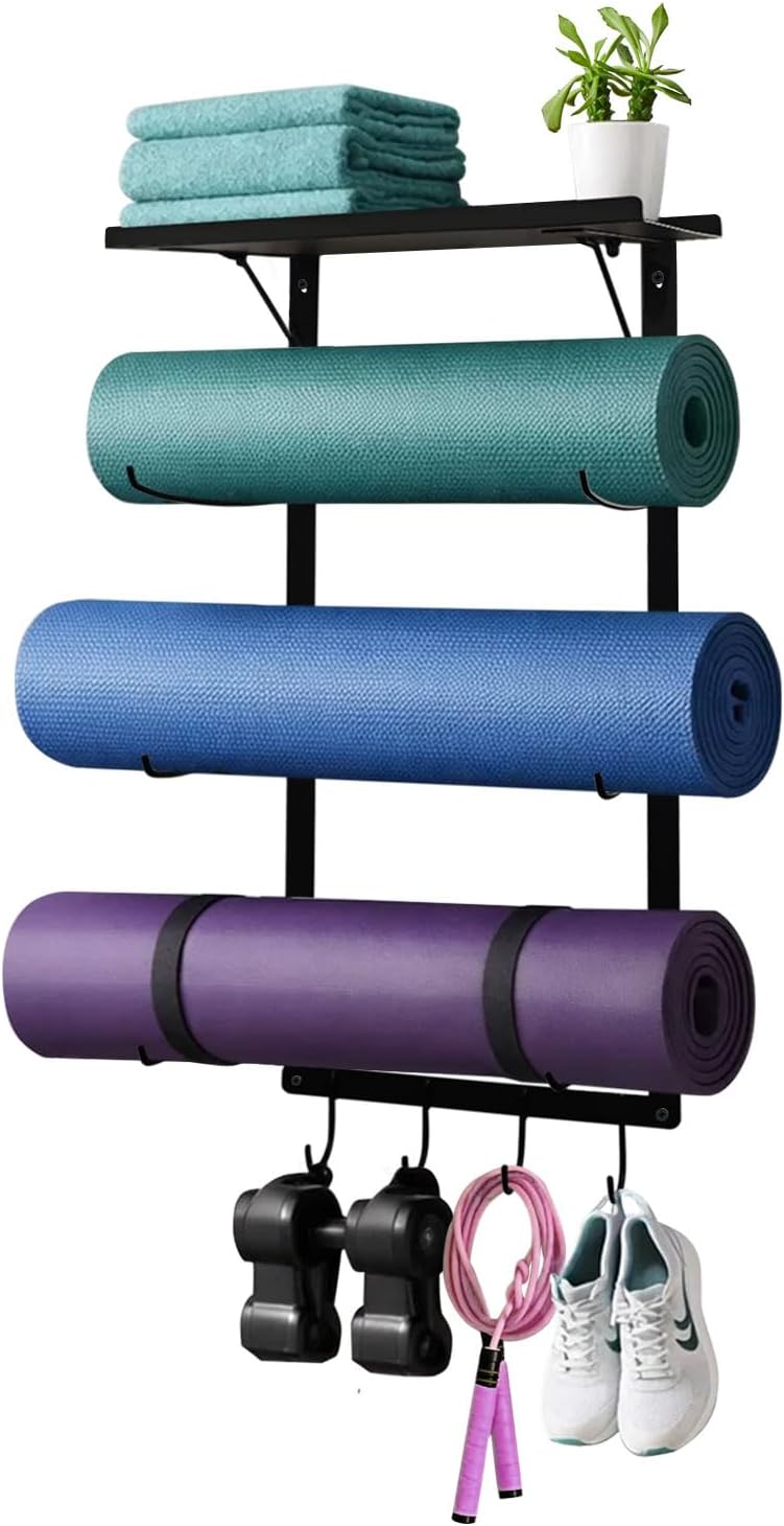 Yoga Mat Holder Wall Mount, Wall Mounted Yoga Mat Storage Rack with Shelf & Hooks, Home Gym Yoga Accessory Organizer for Mats, Foam Roller, Bands & Workout Equipment