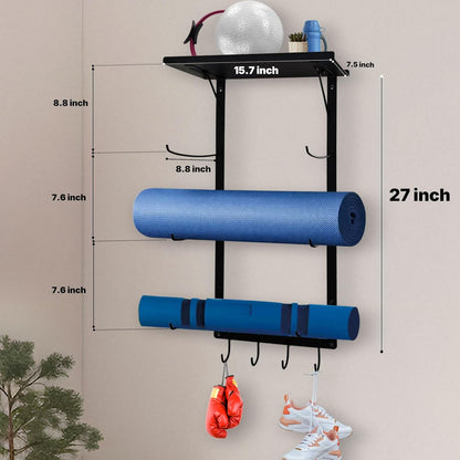 Yoga Mat Holder Wall Mount, Wall Mounted Yoga Mat Storage Rack with Shelf & Hooks, Home Gym Yoga Accessory Organizer for Mats, Foam Roller, Bands & Workout Equipment