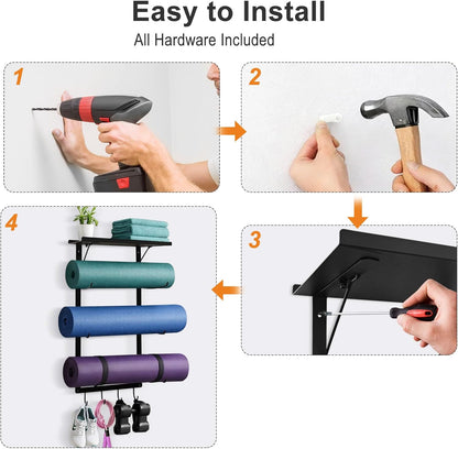 Yoga Mat Holder Wall Mount, Wall Mounted Yoga Mat Storage Rack with Shelf & Hooks, Home Gym Yoga Accessory Organizer for Mats, Foam Roller, Bands & Workout Equipment