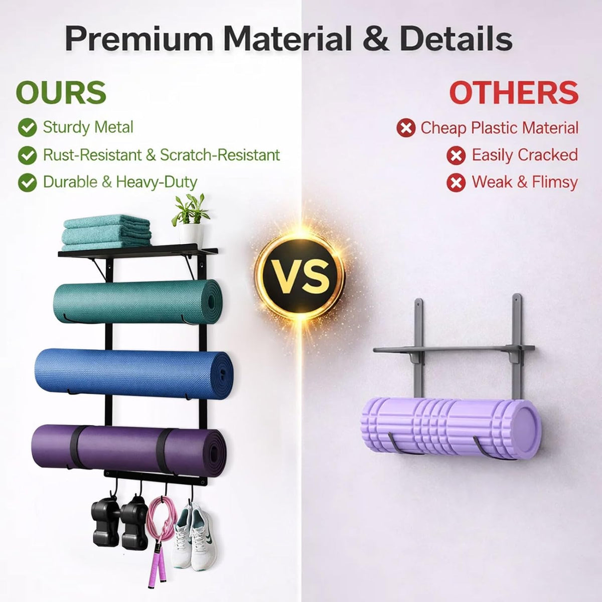 Yoga Mat Holder Wall Mount, Wall Mounted Yoga Mat Storage Rack with Shelf & Hooks, Home Gym Yoga Accessory Organizer for Mats, Foam Roller, Bands & Workout Equipment
