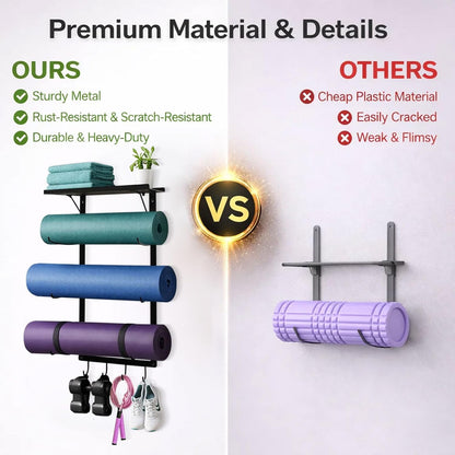 Yoga Mat Holder Wall Mount, Wall Mounted Yoga Mat Storage Rack with Shelf & Hooks, Home Gym Yoga Accessory Organizer for Mats, Foam Roller, Bands & Workout Equipment