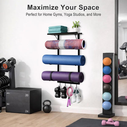 Yoga Mat Holder Wall Mount, Wall Mounted Yoga Mat Storage Rack with Shelf & Hooks, Home Gym Yoga Accessory Organizer for Mats, Foam Roller, Bands & Workout Equipment
