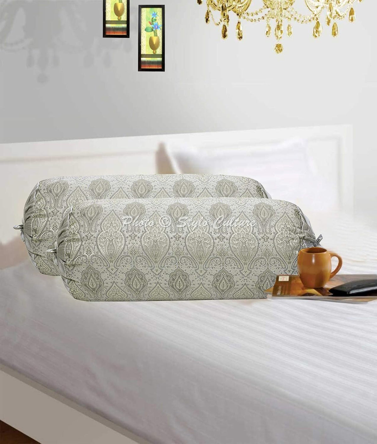 Ethnic Decorative Brocade Bolster Pillow Covers Grey Damask Silk Jacquard Weave Round Meditation Pillow Traditional Floral Cylindrical Cushion Covers - (76x38 cm) | Set of 2 Pcs