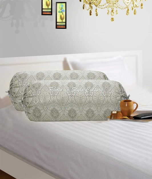 Ethnic Decorative Brocade Bolster Pillow Covers Grey Damask Silk Jacquard Weave Round Meditation Pillow Traditional Floral Cylindrical Cushion Covers - (76x38 cm) | Set of 2 Pcs