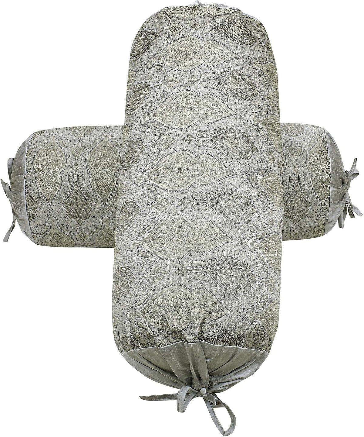 Ethnic Decorative Brocade Bolster Pillow Covers Grey Damask Silk Jacquard Weave Round Meditation Pillow Traditional Floral Cylindrical Cushion Covers - (76x38 cm) | Set of 2 Pcs