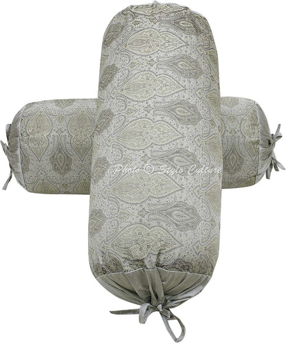 Ethnic Decorative Brocade Bolster Pillow Covers Grey Damask Silk Jacquard Weave Round Meditation Pillow Traditional Floral Cylindrical Cushion Covers - (76x38 cm) | Set of 2 Pcs