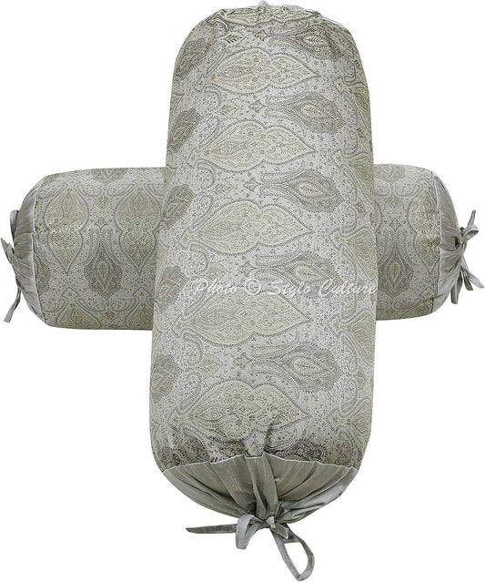 Ethnic Decorative Brocade Bolster Pillow Covers Grey Damask Silk Jacquard Weave Round Meditation Pillow Traditional Floral Cylindrical Cushion Covers - (76x38 cm) | Set of 2 Pcs