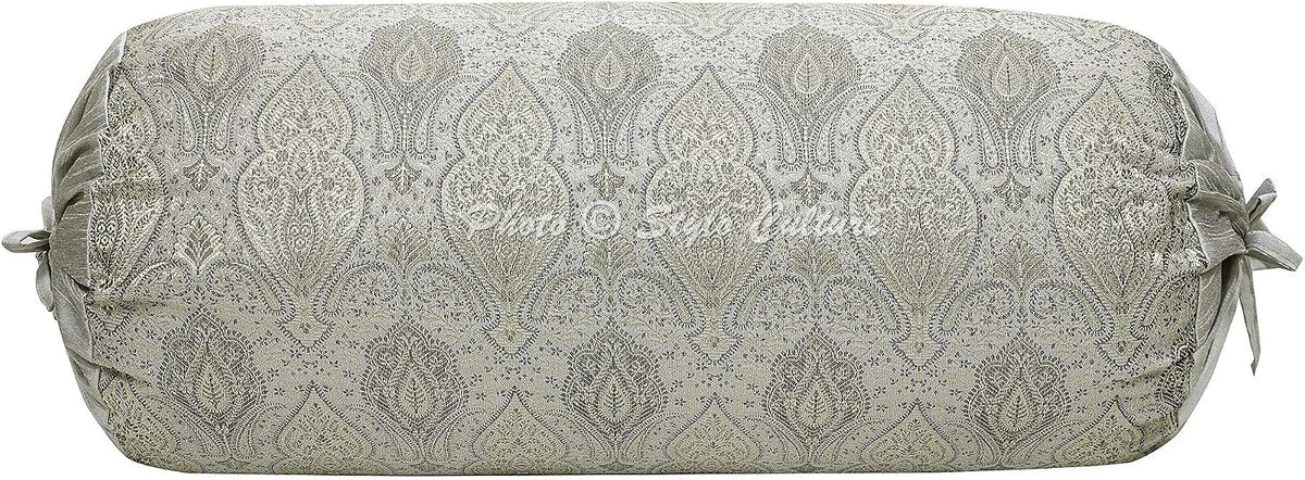 Ethnic Decorative Brocade Bolster Pillow Covers Grey Damask Silk Jacquard Weave Round Meditation Pillow Traditional Floral Cylindrical Cushion Covers - (76x38 cm) | Set of 2 Pcs