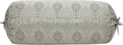 Ethnic Decorative Brocade Bolster Pillow Covers Grey Damask Silk Jacquard Weave Round Meditation Pillow Traditional Floral Cylindrical Cushion Covers - (76x38 cm) | Set of 2 Pcs