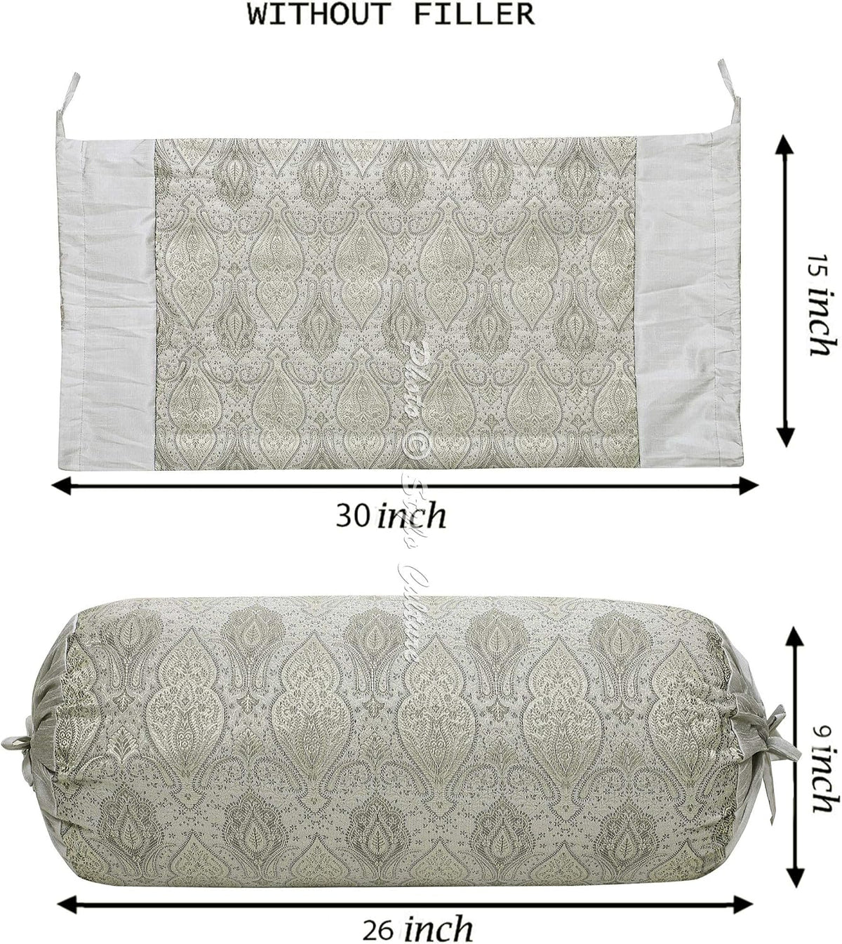 Ethnic Decorative Brocade Bolster Pillow Covers Grey Damask Silk Jacquard Weave Round Meditation Pillow Traditional Floral Cylindrical Cushion Covers - (76x38 cm) | Set of 2 Pcs