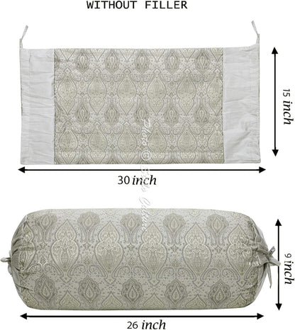 Ethnic Decorative Brocade Bolster Pillow Covers Grey Damask Silk Jacquard Weave Round Meditation Pillow Traditional Floral Cylindrical Cushion Covers - (76x38 cm) | Set of 2 Pcs