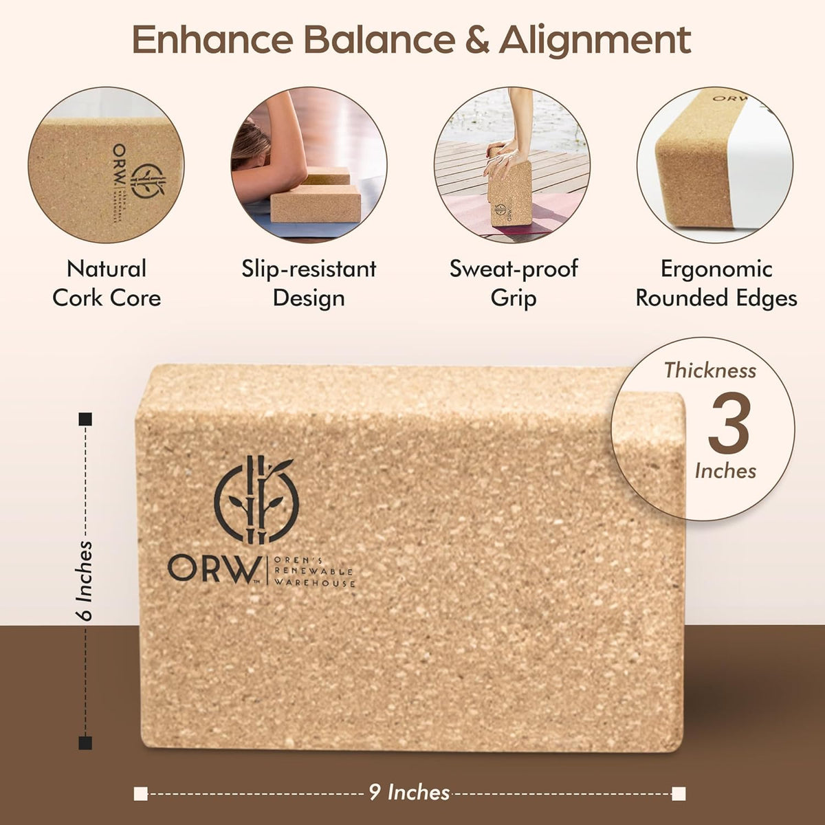 ORW Cork Yoga Block, FSC Natural Cork, Heavy, Non Slip, 9”x6”x3”, 1.5lb, Pilates