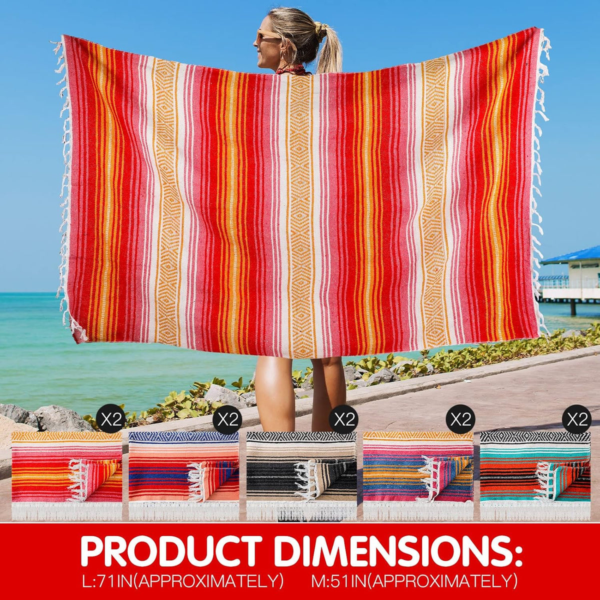 Haull 10 Pcs Large Mexican Blankets Bulk 51" x 71" Mexican Serape Blankets Yoga Authentic Throw Colorful Striped Falsa with Fringed for Outdoor Car Travel Camping Beach Picnic Patio Mat Towel