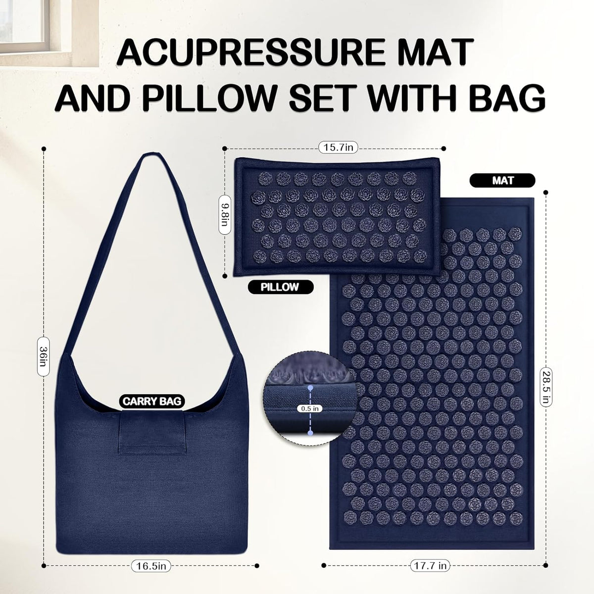 Acupressure Set for Back and Neck Pain Relief, Muscle Relaxation Stress Relief Acupressure Mat and Pillow Set with Bag (Navy Blue)