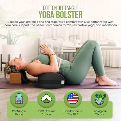 Cotton Batting Yoga Bolster - Studio Grade Round or Rectangular Restorative Yoga Pillow for Pilates and Yin Practice - Soft Yet Firm Support with Cotton Cover - Made in The USA