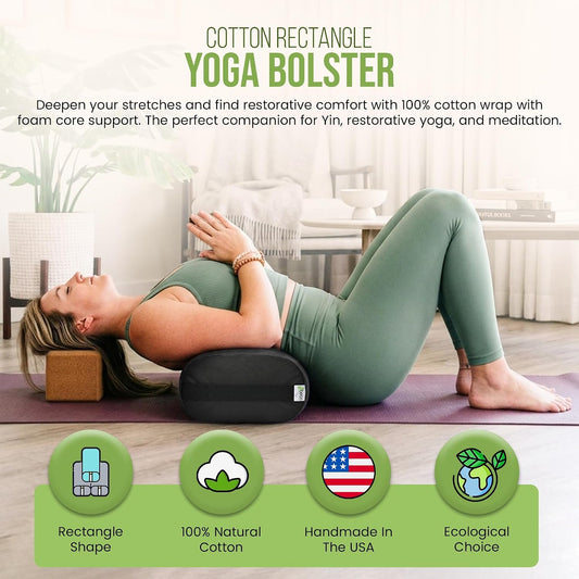 Cotton Batting Yoga Bolster - Studio Grade Round or Rectangular Restorative Yoga Pillow for Pilates and Yin Practice - Soft Yet Firm Support with Cotton Cover - Made in The USA