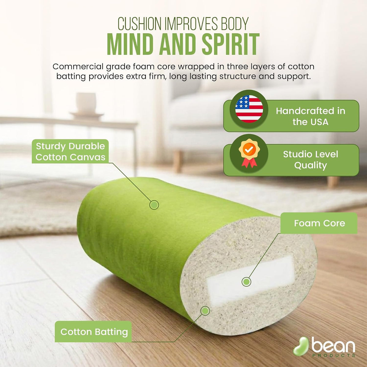 Cotton Batting Yoga Bolster - Studio Grade Round or Rectangular Restorative Yoga Pillow for Pilates and Yin Practice - Soft Yet Firm Support with Cotton Cover - Made in The USA