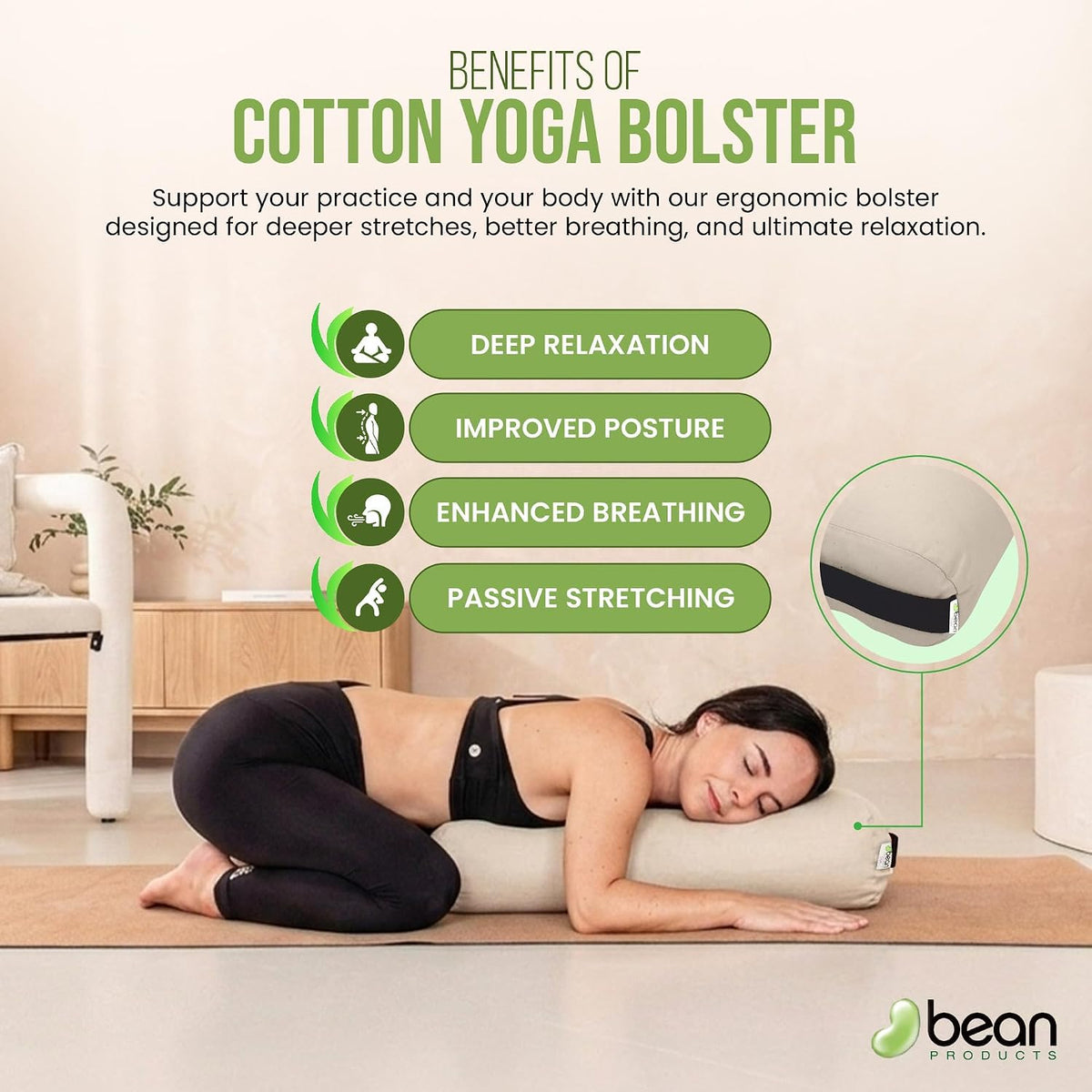 Cotton Batting Yoga Bolster - Studio Grade Round or Rectangular Restorative Yoga Pillow for Pilates and Yin Practice - Soft Yet Firm Support with Cotton Cover - Made in The USA