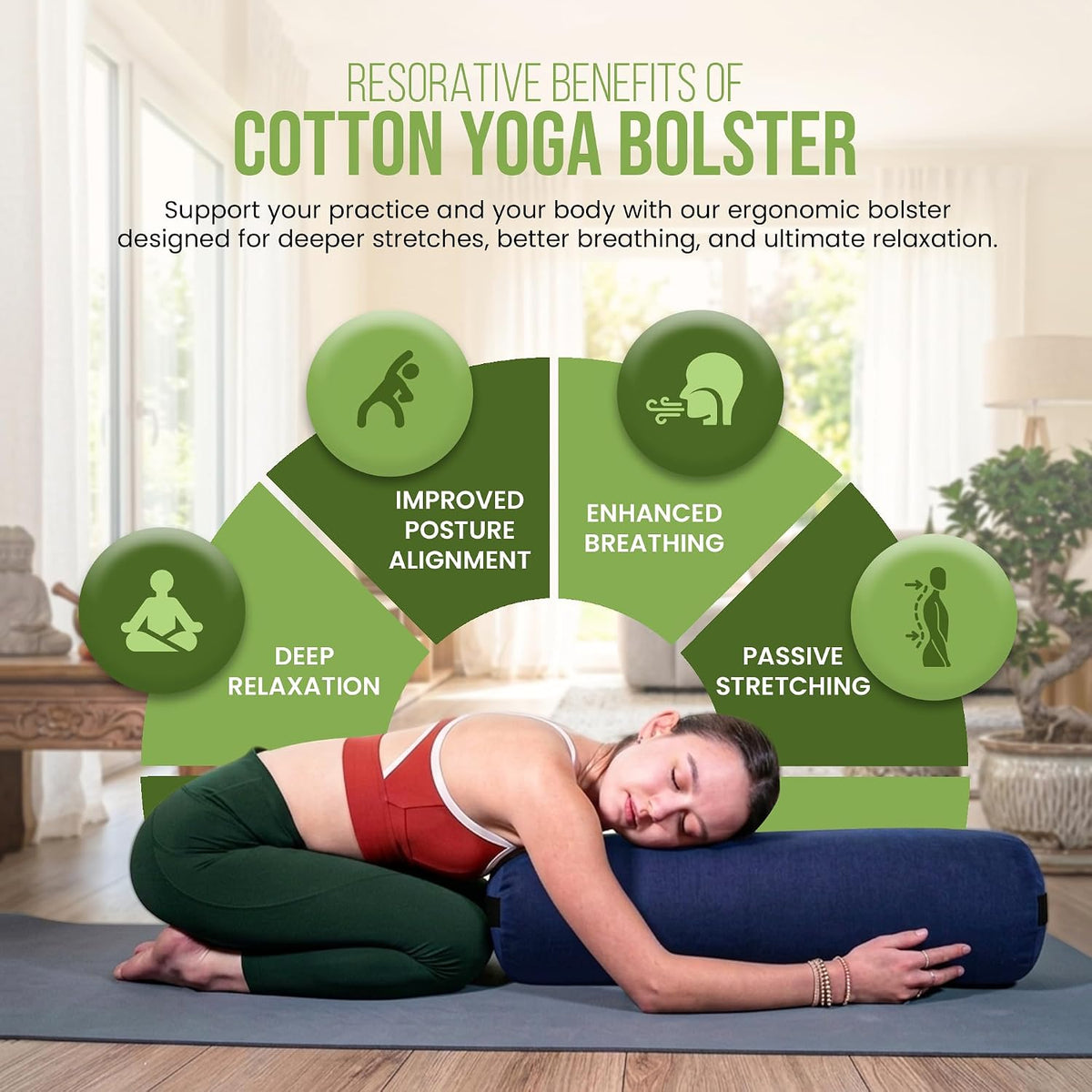 Cotton Batting Yoga Bolster - Studio Grade Round or Rectangular Restorative Yoga Pillow for Pilates and Yin Practice - Soft Yet Firm Support with Cotton Cover - Made in The USA