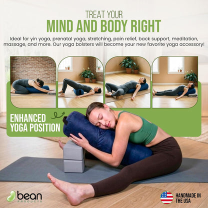 Cotton Batting Yoga Bolster - Studio Grade Round or Rectangular Restorative Yoga Pillow for Pilates and Yin Practice - Soft Yet Firm Support with Cotton Cover - Made in The USA
