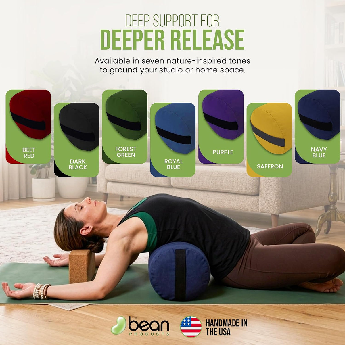 Cotton Batting Yoga Bolster - Studio Grade Round or Rectangular Restorative Yoga Pillow for Pilates and Yin Practice - Soft Yet Firm Support with Cotton Cover - Made in The USA