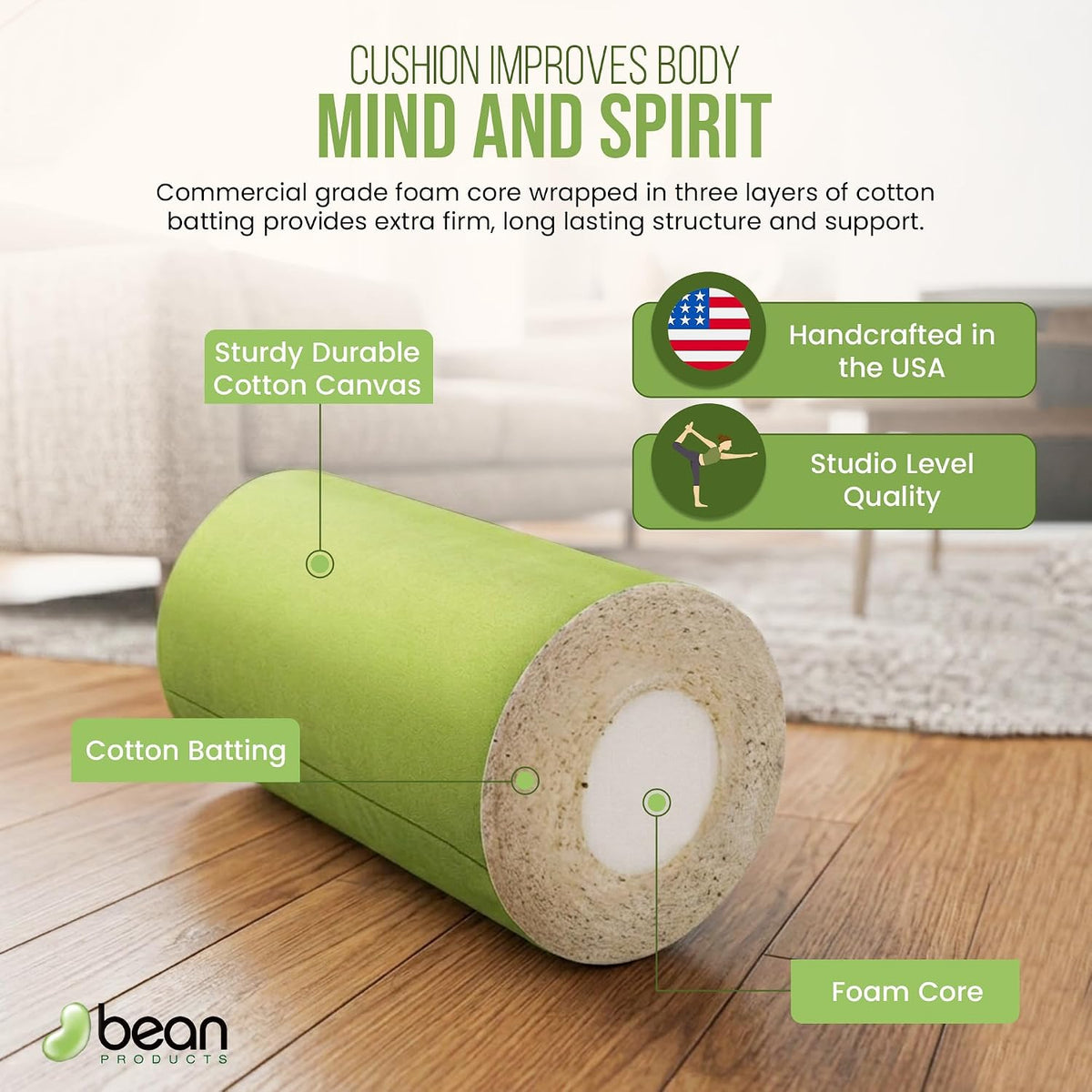 Cotton Batting Yoga Bolster - Studio Grade Round or Rectangular Restorative Yoga Pillow for Pilates and Yin Practice - Soft Yet Firm Support with Cotton Cover - Made in The USA