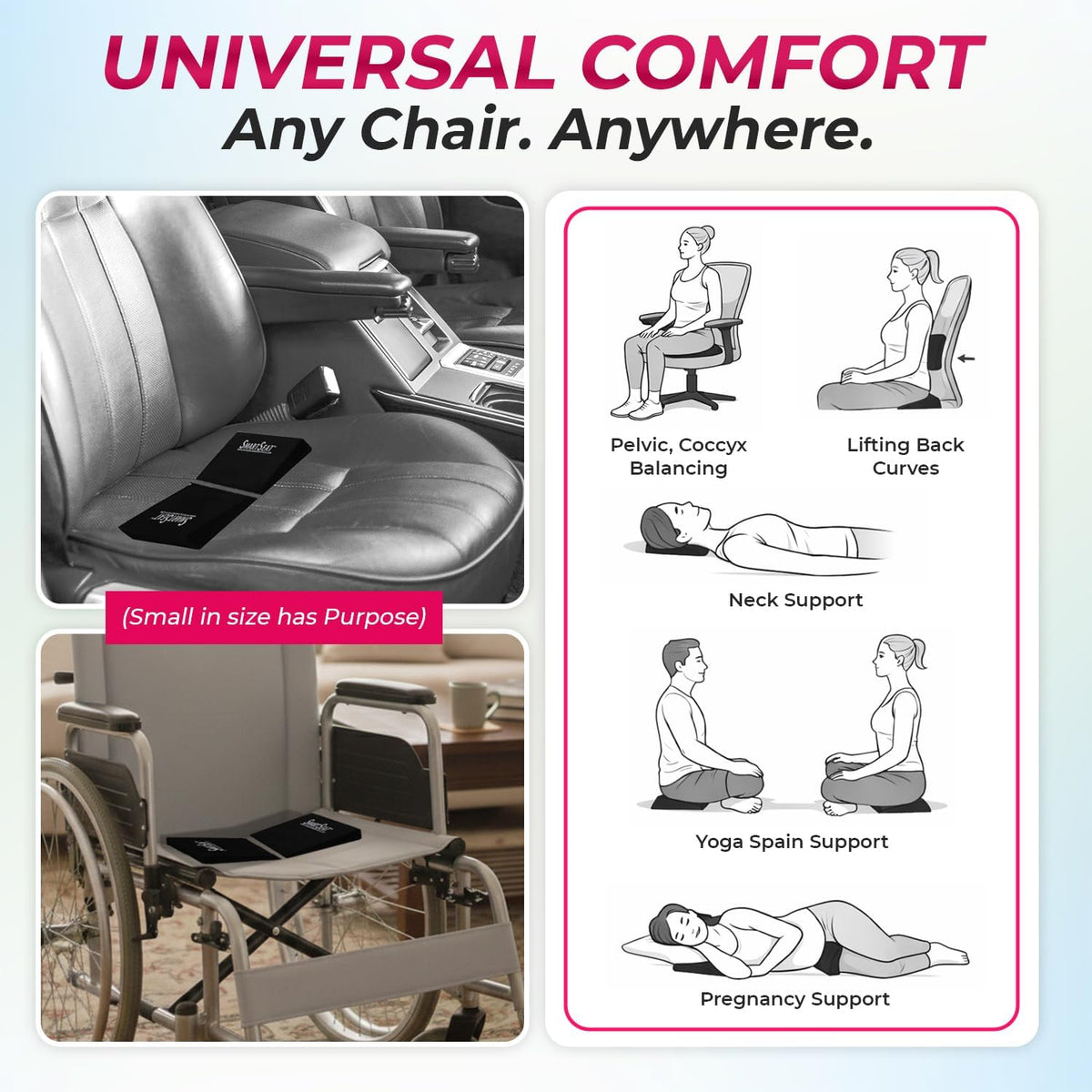 SmartSeat Wedges for Back, Knee & Sit Bone Support Posture Correction Pain Relief and Comfort Ideal for Office Chairs, Home Seating, Yoga, Meditation and Pilates Practice, Small Foam Wedges Pack of 2