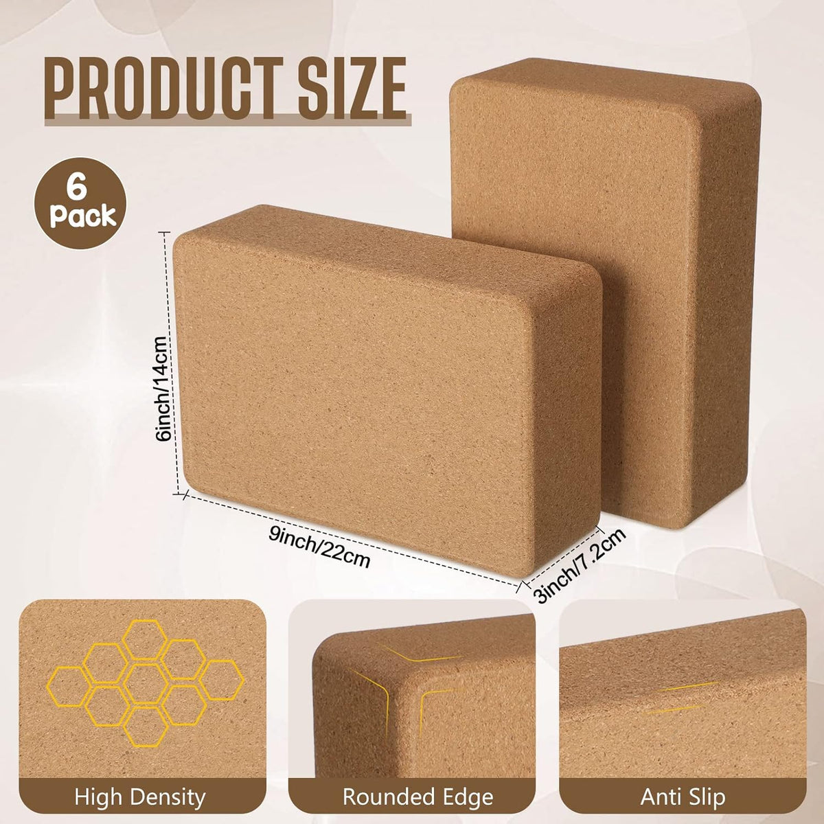 6 Pack Cork Yoga Blocks for Supportive Stretching, 9 x 6 x 3 Inches