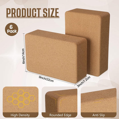 6 Pack Cork Yoga Blocks for Supportive Stretching, 9 x 6 x 3 Inches